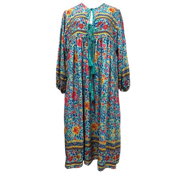 R. Vivimos Long Sleeve Floral Print Boho Midi Dress, NWT, Blue Green, L 12/14 - Picture 9 of 9